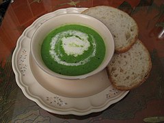 Spring pea soup with creme fraiche and bread.jpg