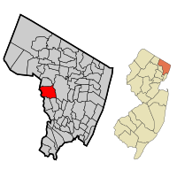 Location of Fair Lawn in Bergen County highlighted in red (left). Inset map: Location of Bergen County in New Jersey highlighted in orange (right).