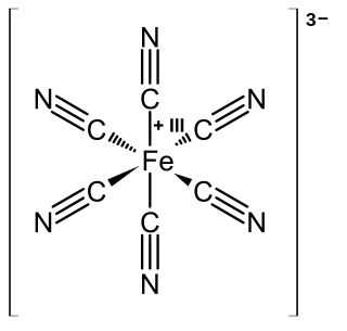 <span class="mw-page-title-main">Ferricyanide</span> Anion in which a Fe3+ ion is complexed by 6 CN− ions