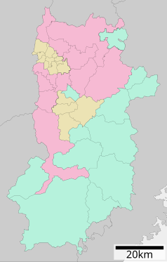 Mapa konturowa prefektury Nara, u góry znajduje się punkt z opisem „Kashihara”