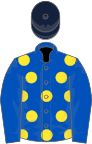 Royal blue, yellow spots, royal blue sleeves, dark blue cap