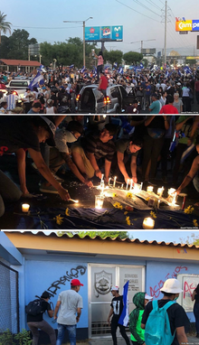 3 different pictures collaged. First picture - woman standing on a car surrounded by crowd of people protesting in the middle of the road. Second picture - People lighting candles at vigil in the middle of the road at night time. Third picture - Protestors vandalising the National Police station with graffiti.