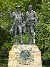 Alexander Stoddart's Kidnapped statue at Corstorphine, Edinburgh, depicting Alan Breck Stewart and David Balfour at their final parting on Corstorphine Hill (unveiled 2004). Breck holds the handmade cross with silver button, cleverly designed to carry a message to an illiterate colleague. RLS 'Kidnapped' statue.JPG