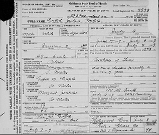 Griffith Jenkins Griffith death certificate