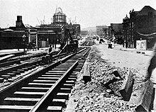 Construction of streetcar tracks on an urban street