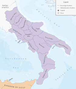 The territory of the Kingdom of Naples in 1454