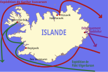 Carte de l'Islande, indiquant les différentes expéditions pour s'installer en Islande.