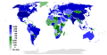 A world map colored to show the number of Internet users in a country - 2012