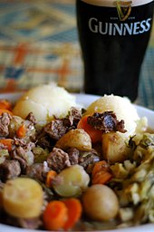 Close-up view of an Irish stew, with a Guinness stout IrishStew Guinness.JPG