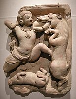 Hindu Gupta terracotta relief, 5th century CE, of Krishna Killing the Horse Demon Keshi