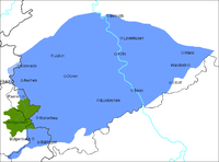 Verbraitig vum Ripuarisch. S grien markiert Biet isch nit bewohnt