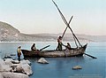 A lithograph of fisherman on the Sea of Galilee in the late 19th century. The Lake and various sites bordering it (such as Cana, Capernaum and Tabgha) are where Jesus's ministry flourished and where he is supposed to have performed miracles.