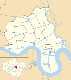 Mapa konturowa gminy Tower Hamlets, blisko lewej krawiędzi znajduje się punkt z opisem „Tower of London”