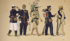 Da sinistra a destra: cacciatore di cavalleria, ufficiale colonnello e cacciatori di fanteria (esercito e forze ausiliarie) nella guerra della triplice alleanza, 1865-1870.