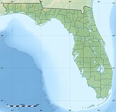 Mapa konturowa Florydy, blisko prawej krawiędzi na dole znajduje się punkt z opisem „Pompano Beach”