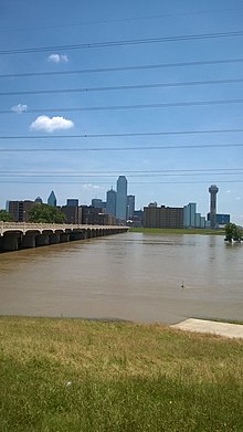 Downtown Dallas seen across from the Trinity River from the Flood of 2015. Dallas flood 2015.jpg