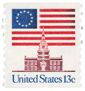 1975 13¢ stamp features the Betsy Ross flag behind Independence Hall[71]