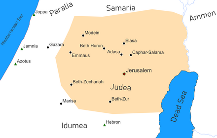 Battles during the Maccabean Revolt. Circles mark battles against Seleucids in Judea, triangles outlying cities attacked by the Maccabees.