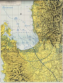 A map showing the U.S. plans for the landings on Lingayen Gulf, in northwest Luzon. Lingayen gulf 1945.jpg