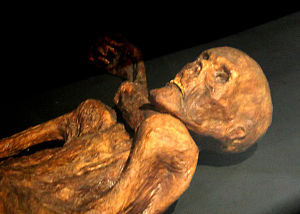 Reconstruction of the Ötzi mummy displayed in Prehistory Museum of Quinson