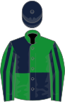 Green and dark blue (quartered), striped sleeves, dark blue cap