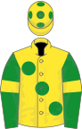 Yellow, large green spots, green sleeves, yellow armlets, yellow cap, green spots