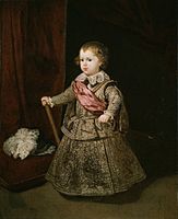 Velázquez. Baltasar Carlos, príncipe de Asturias hijo de Felipe IV de España tiene una espada, cetro, coraza y gorguera.