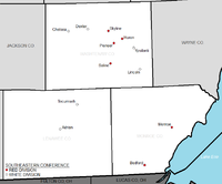 Locations of the members of the Southeastern Conference based on divisional setup. SoutheasternConferenceMImap.png