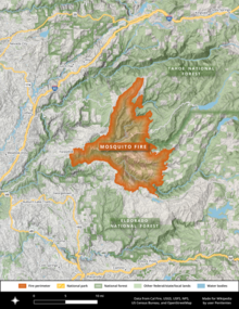 The footprint of the Mosquito Fire is shown in burnt orange, with a narrow end near Foresthill widening to the east as it spread into Tahoe and Eldorado National Forests. It butts up against the 2016 Trailhead Fire scar on its west side, the 2014 King Fire scar to its southeast side, and the 2013 American Fire scar on the northeast corner.