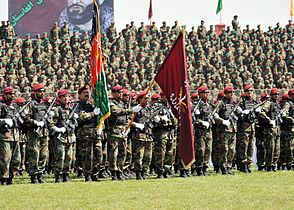 Soldiers of the Afghan National Army, including the ANA Commando Brigade standing in the front