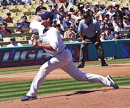 Lowe pitching for the Los Angeles Dodgers in 2006. Derek Lowe pitching.jpg