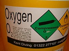 The white adhesive plastic label displays the gas name, Oxygen, and the chemical symbol O2 with a block of small text on the left side describing the hazards of the contents, then a green diamond symbol for compressed gas and a yellow diamond for oxidising agent.