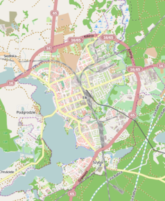 Mapa konturowa Ełku, w centrum znajduje się punkt z opisem „Wicekonsulat RP w Ełku”