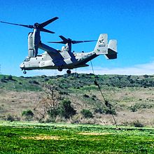 Conducting Fastrope operation on MCAS Camp Pendleton in 2016 MV-22B Osprey.jpg