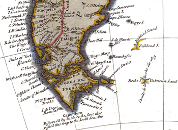 Jason Islands depicted on an 18th-century map, as "S. de Waerds Isl.s" [sic] (R.W. Seale, ca. 1745, fragment) Seale-1744.png