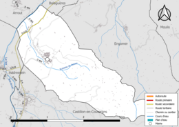 Carte en couleur présentant le réseau hydrographique de la commune