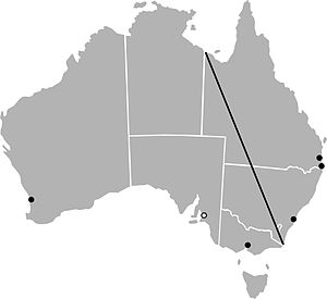 The Barassi Line, as proposed by Ian Turner in 1978. The line divides the regions where Australian rules football (southwest) or rugby league (northeast) is the most popular football code. Dots mark the locations of cities with at least one club at the highest professional level that deviates from the Barassi Line; hollow dots mark the locations of cities that formerly had a club. Barassi Line.jpg