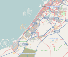 Mapa konturowa Dubaju, u góry nieco na prawo znajduje się punkt z opisem „The Index”