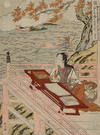 Murasaki shown writing at her desk at Ishiyama-dera inspired by the Moon, ukiyo-e by Suzuki Harunobu, c. 1767