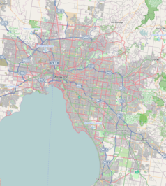 Mapa konturowa Melbourne, u góry nieco na lewo znajduje się punkt z opisem „City of Moreland”