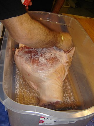 <span class="mw-page-title-main">Curing (food preservation)</span> Food preservation and flavouring processes based on drawing moisture out of the food by osmosis