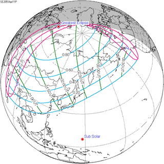 <span class="mw-page-title-main">Solar eclipse of April 11, 2051</span> Future partial solar eclipse