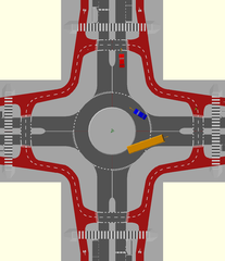 A single lane roundabout with a bidirectional circulatory cycle track and set back cycle crossings. Cyclists must give way to vehicles leaving and joining the roundabout.