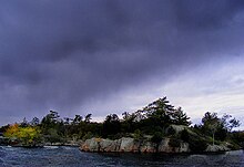 Burleigh Falls in the rain located in North Kawartha but near Trent Lakes Burleigh Falls PbT.jpg