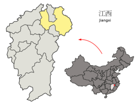 Shangraos läge i Jiangxi, Kina.