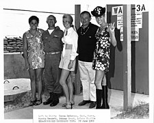 USO Sponsored Handshake Tour, (left to right) Donna DeVorona, Captain Muehe, Marsha Bennett, Johnny Grant, Arlene Charlie at Naval Support Activity Hospital Danang, Vietnam on 29 June 1969 - 19-0141-008.jpg