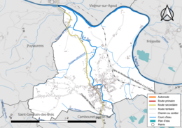 Carte en couleur présentant le réseau hydrographique de la commune