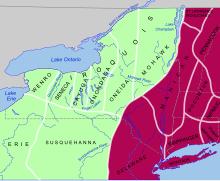 Map of North East United States showing Algonquian tribes in the eastern and southern portions and Iroquoian tribes to the western and northern portions.