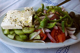 <span class="mw-page-title-main">Greek salad</span> Salad of tomatoes, cucumbers, and feta