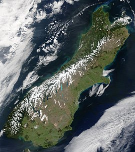 Južne Alpe na mapi Novi Zeland